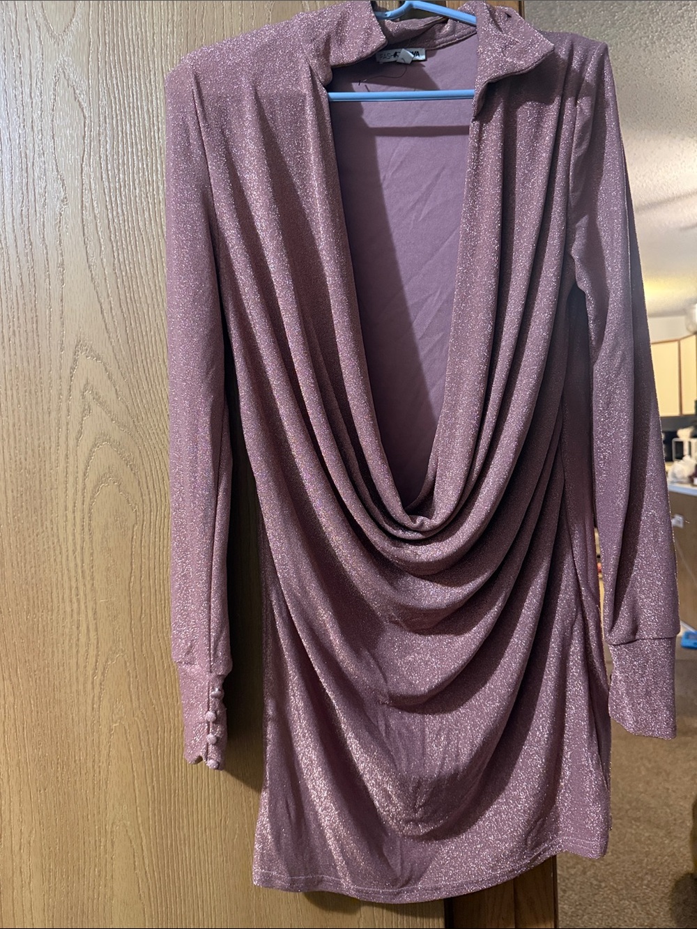 Sparkle Draped Long-Sleeve Dress in Mauve
